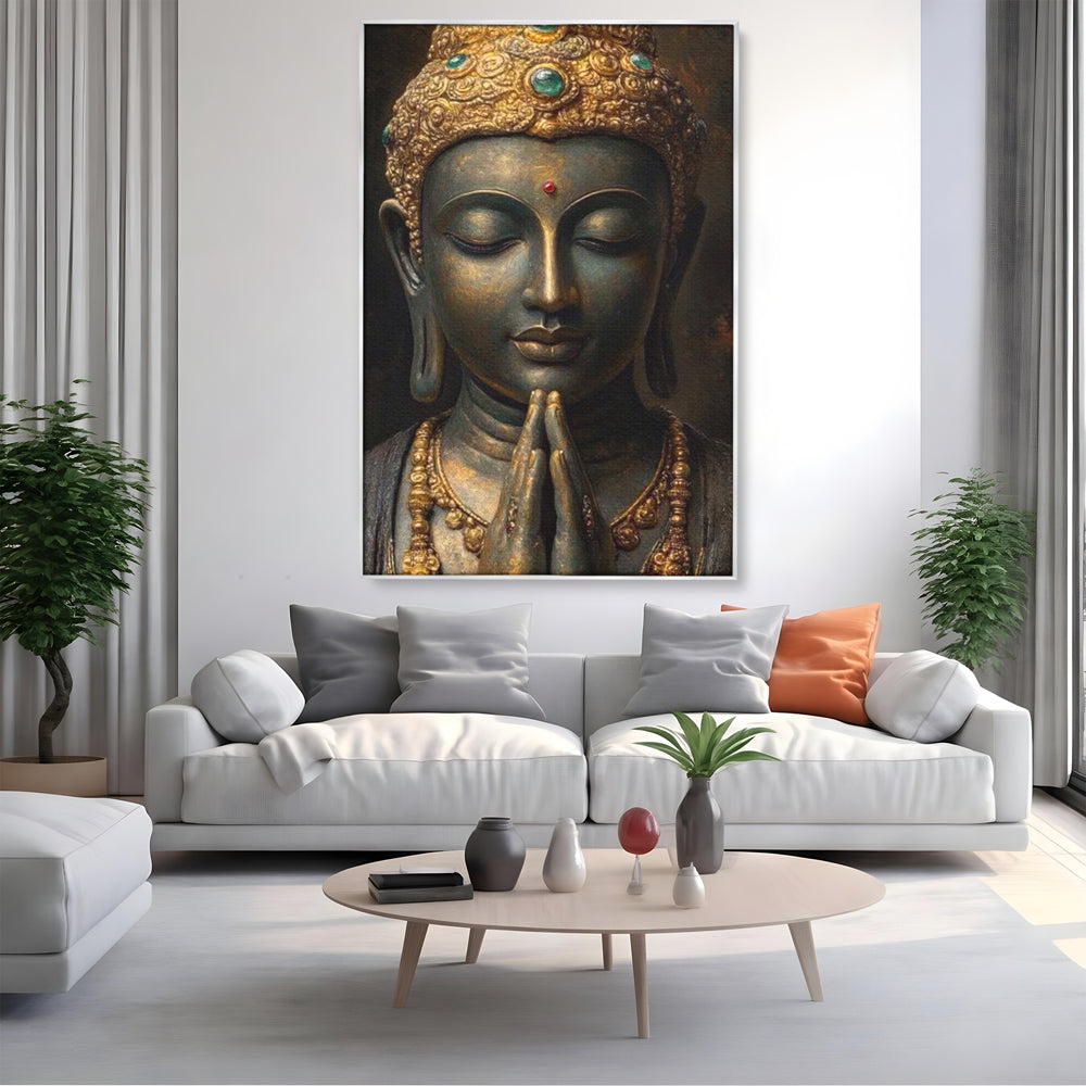 Tablou canvas cu tablou canvas cu buddha in rugaciune, in rama de aluminiu argintiu, pe perete intr-un living